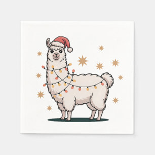 Serviette En Papier Llama Alpaga Avec Chapeau De Père Noël Et Lumière 