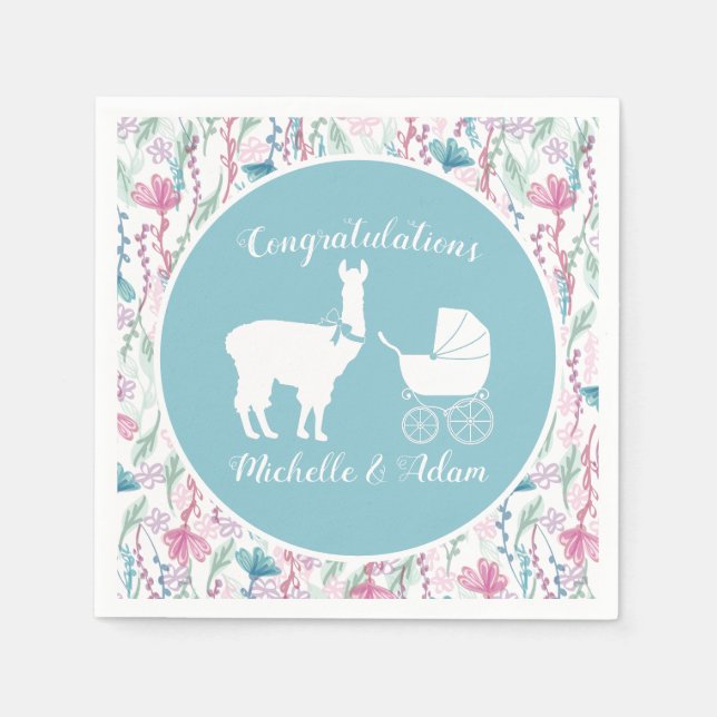 Serviette En Papier Llama Baby shower Cute Blue Boy (Devant)