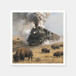 Serviette En Papier Locomotive à vapeur avec des bisons au pâturage