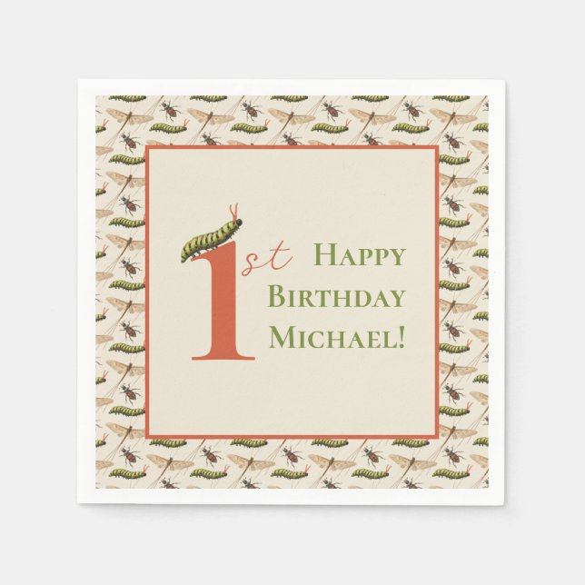 Serviette En Papier Log Bug Insect Nom personnalisé 1er anniversaire (Devant)