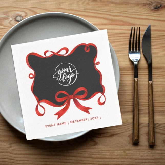 Serviette En Papier Logo Chic Noël Arc Ruban Noir Rouge Script (Créateur téléchargé)