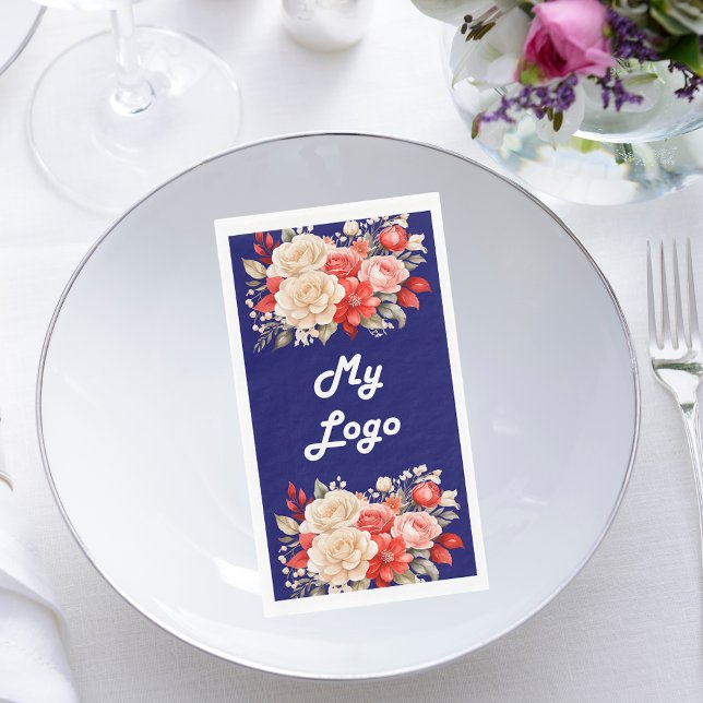 Serviette En Papier logo commercial florale bleu marine rouge ivoire (Créateur téléchargé)