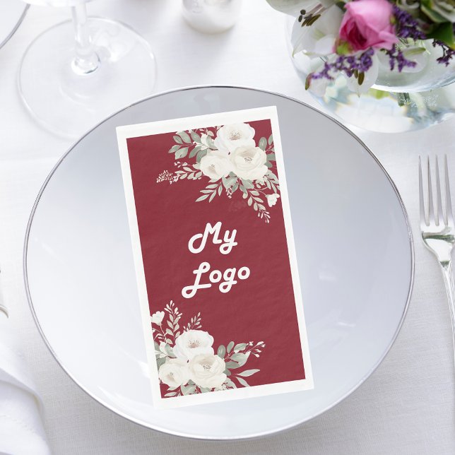 Serviette En Papier Logo d'entreprise de fleurs blanches rouges (Créateur téléchargé)