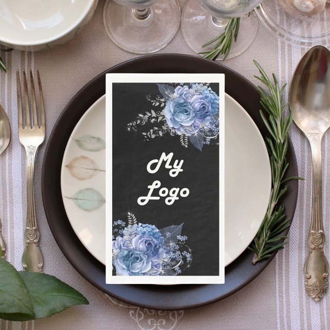 Serviette En Papier Logo d'entreprise de fleurs bleues noires (Créateur téléchargé)