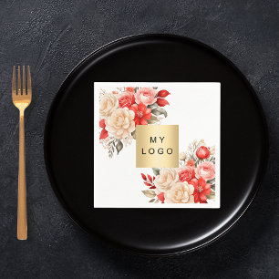 Serviette En Papier Logo d'entreprise florale rouge ivoire blanc