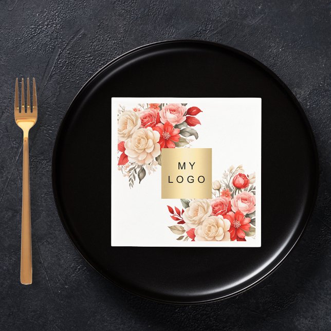 Serviette En Papier Logo d'entreprise florale rouge ivoire blanc (Créateur téléchargé)