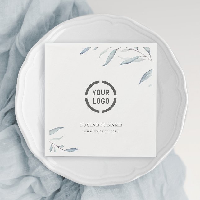 Serviette En Papier Logo d'entreprise simple bleu poussiéreux (Simple dusty blue greenery branded business logo napkins)