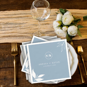 Serviette En Papier Logo des initiales Feuilles Dusty Blue Minimalist