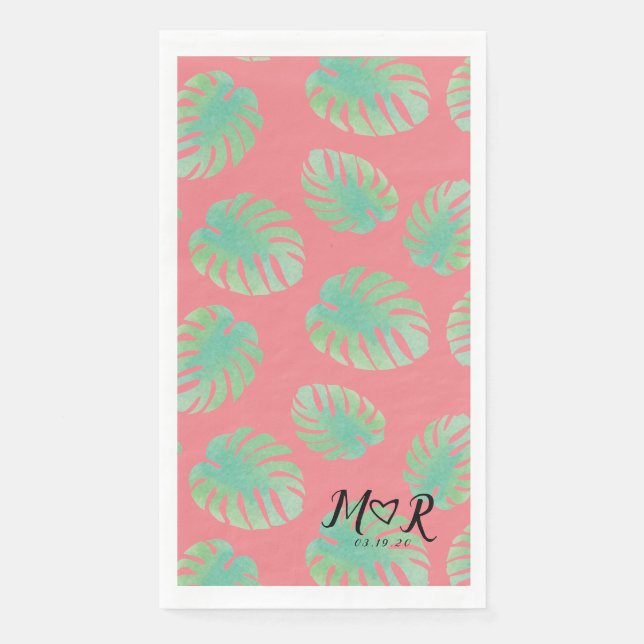 Serviette En Papier Logo du Mariage Monstera Tropical Leaf Rose (Devant)
