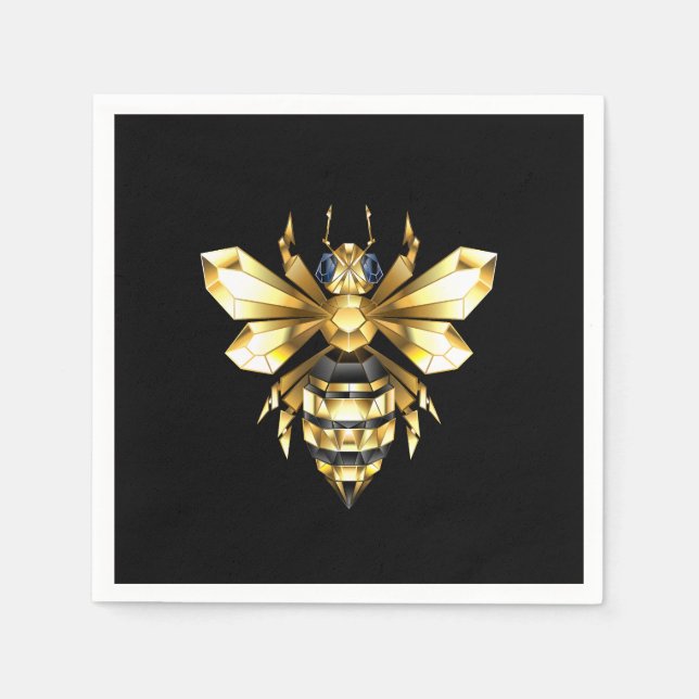 Serviette En Papier Logo Faux Gold Foil Bee Polygonal sur Noir (Devant)