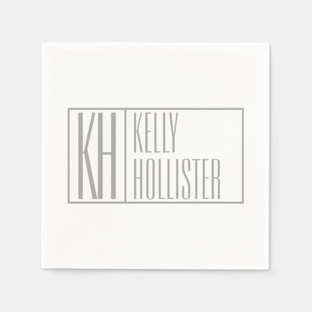 Serviette En Papier Logo Moderne Grey Initiales & Nom (Devant)