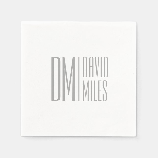 Serviette En Papier Logo Stylish Minimal & Modern Grey Initiales & Nom (Devant)