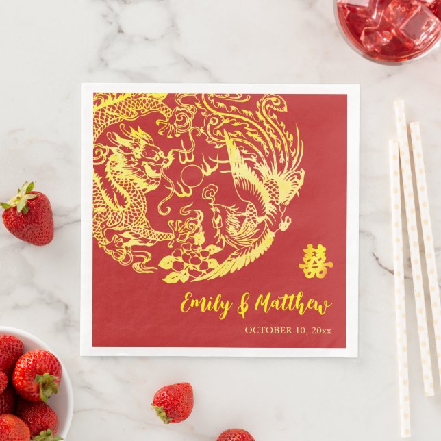 Serviette En Papier Logo traditionnel chinois Dragon Phoenix mariage (En situation)