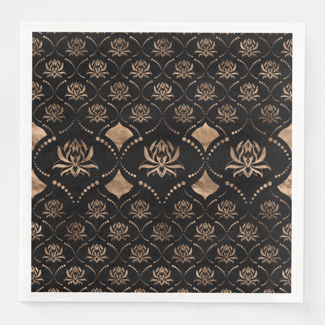 Serviette En Papier Lotus Flower ornement de luxe - noir et or (Devant)
