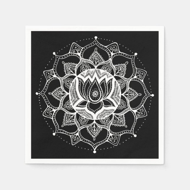 Serviette En Papier Lotus Mandala noir et blanc (Devant)