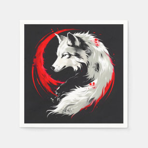 Serviette En Papier Loup blanc rouge lunaire