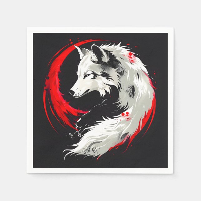 Serviette En Papier Loup blanc rouge lunaire (Devant)