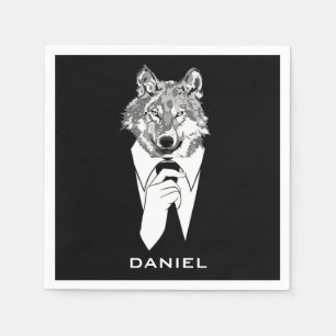 Serviette En Papier Loup hipster drôle avec smoking noir personnalisé
