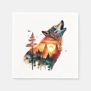 Serviette En Papier Loup hurlant double exposition coucher de soleil