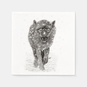 Serviette En Papier Loup noir en colère dans la neige, hiver sauvage