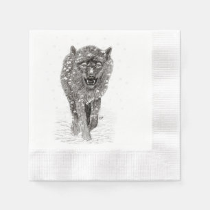 Serviette En Papier Loup noir en colère dans la neige, hiver sauvage
