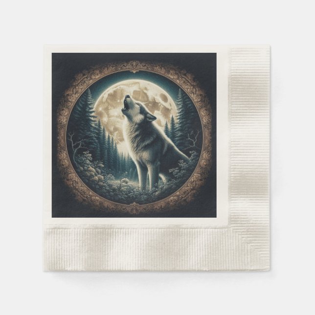 Serviette En Papier Loup vintage et lune classique (Devant)