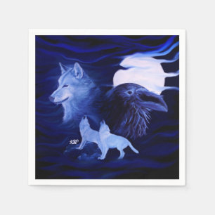 Serviette En Papier Loups et corbeau avec pleine lune
