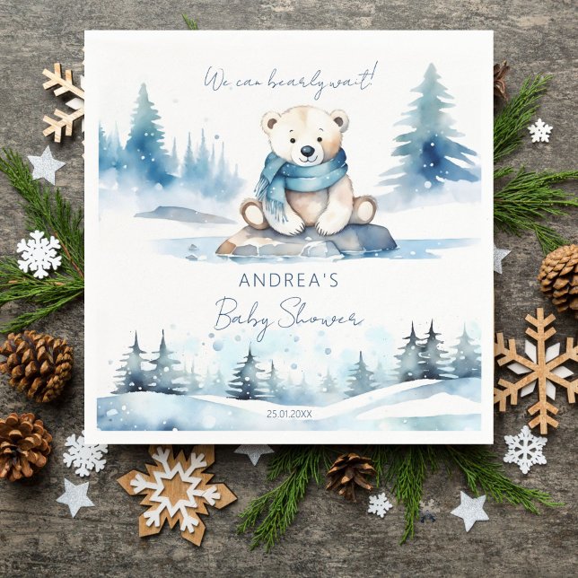 Serviette En Papier L'ours polaire hivernal attente baby shower modèle (Polar bear winter bearly wait baby shower tableware personalized template napkins cute white teddy)