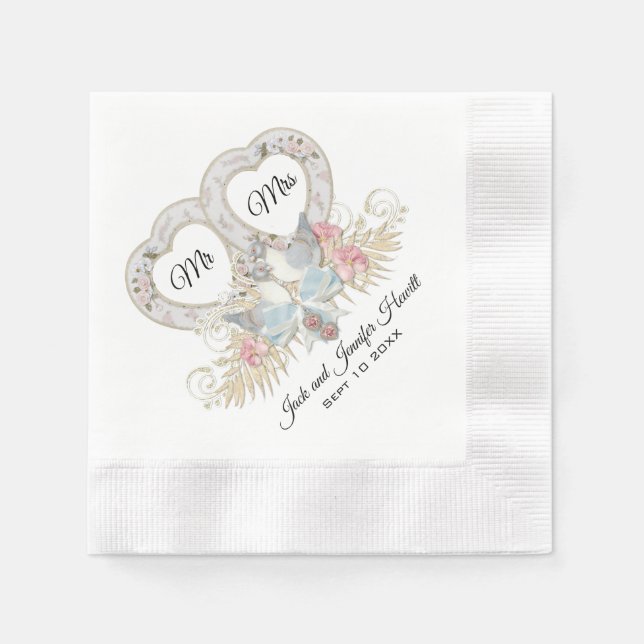 Serviette En Papier Love Doves Coeurs et Fleurs (Devant)