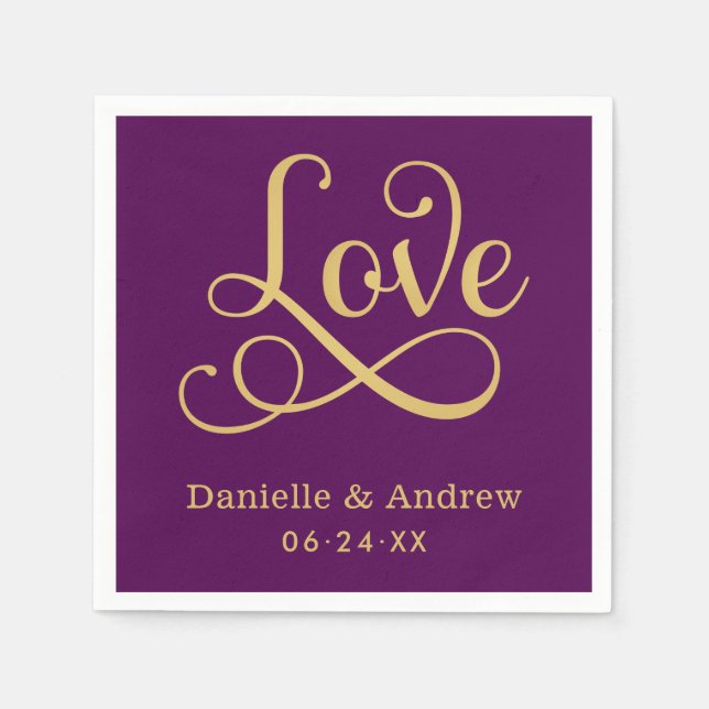 Serviette En Papier Love Elegant Purple Gold Calligraphie Mariage (Devant)