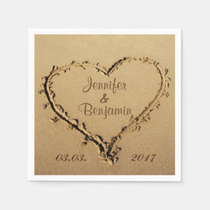 Serviette En Papier Love Heart in the Sand Personnalisé Names Mariage