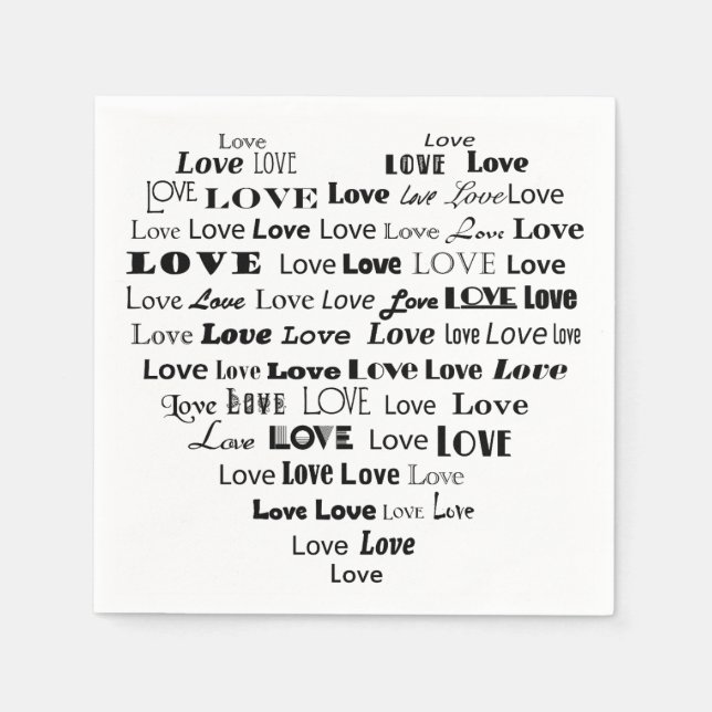 Serviette En Papier Love Heart Word Cloud - Noir et Blanc (Devant)