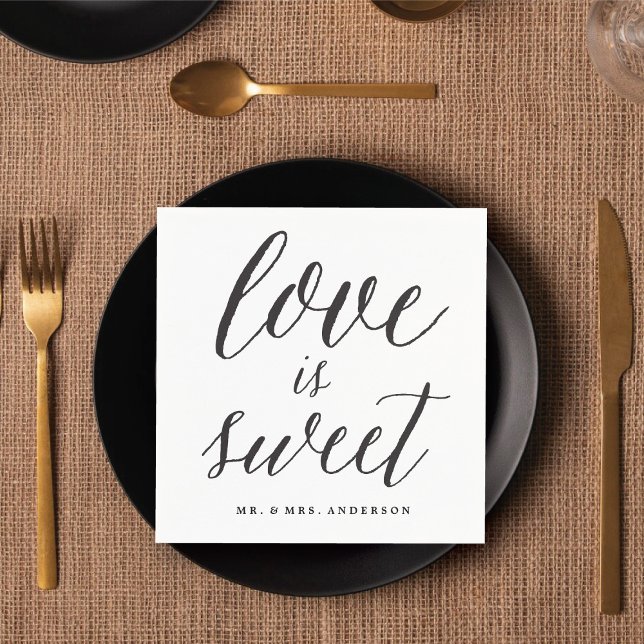 Serviette En Papier Love Is Sweet Script Moderne Calligraphie Mariage (LOVE IS SWEET Script Modern Calligraphy Wedding Paper Napkins @ fatfatin_blue_knot)