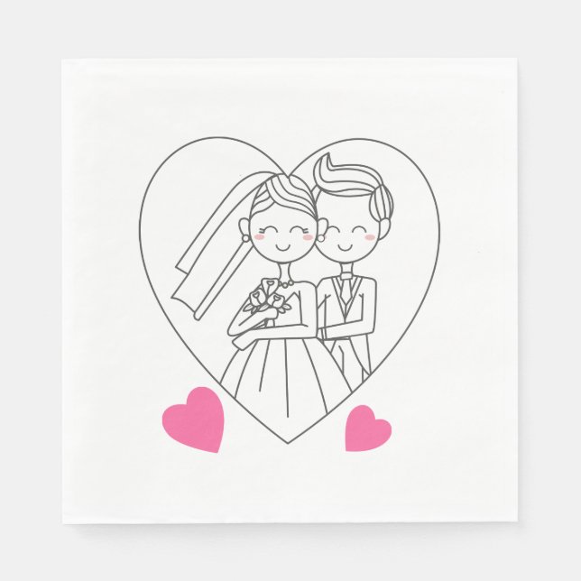 Serviette En Papier Love Mariée Et Groom Cartoon Mariage Coeur Rose (Devant)