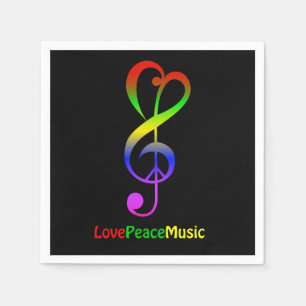 Serviette En Papier Love peace music hippie treble clef noir
