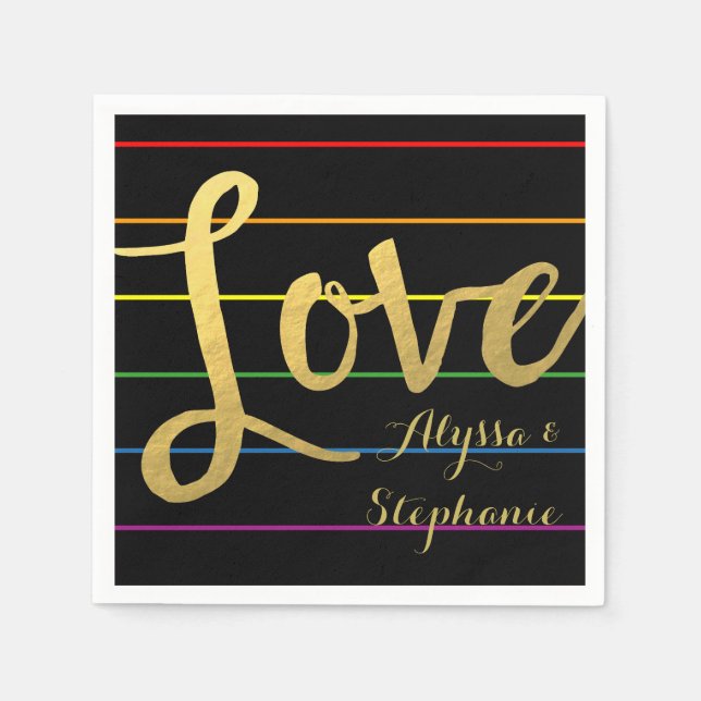 Serviette En Papier Love Rainbow Pinstripe LGBT Faux Gold Foil (Devant)