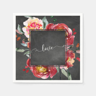 Serviette En Papier Love Typographie Bouquet de Flore Rouge sur Chalkb