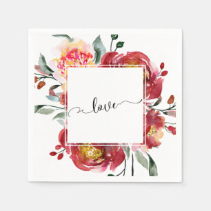 Serviette En Papier Love Typographie sur le Bouquet Floral Rouge