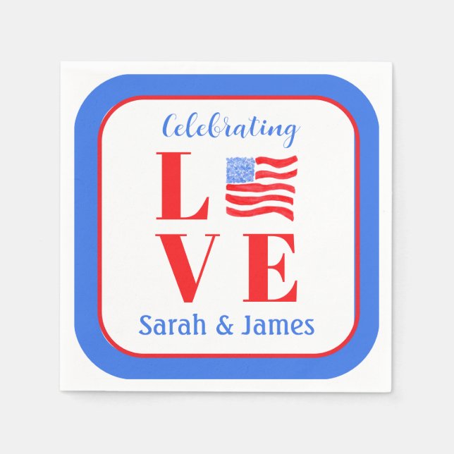 Serviette En Papier LOVE Watercolor American Flag NAME Bridal  (Devant)