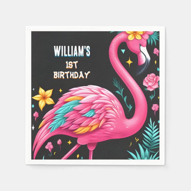 Serviette En Papier Luau Fly Pink Flamant rose Pool Party 1er annivers (Devant)