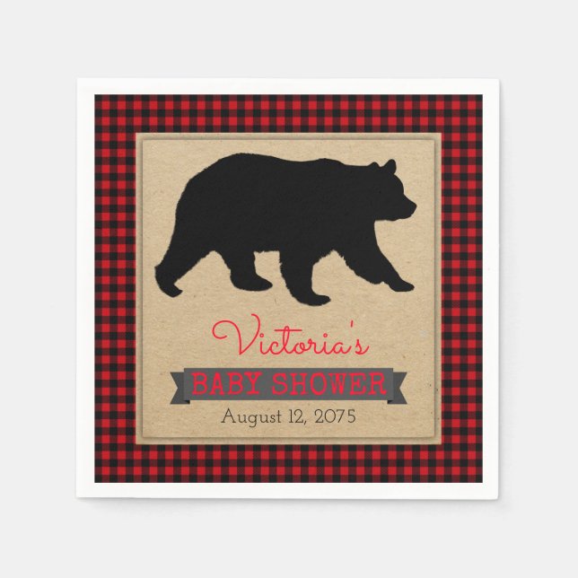 Serviette En Papier Lumberjack Buffalo Plaid Ours Bébé Shower (Devant)