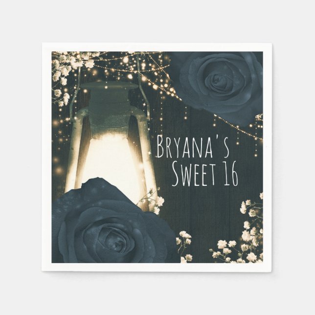 Serviette En Papier Lumière Lanterne Rustique Bleu Clair Roses Noires  (Devant)