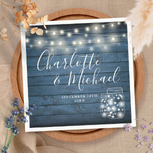 Serviette En Papier Lumières à cordes en bois rustique bleu Mariage en
