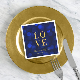Serviette En Papier Lumières Bokeh Bleu Saphir Faux Amour Doré