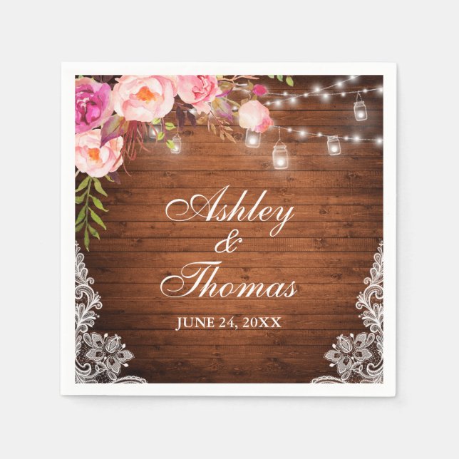 Serviette En Papier Lumières de Jar en Bois de Mariage Rustique Fleurs (Devant)