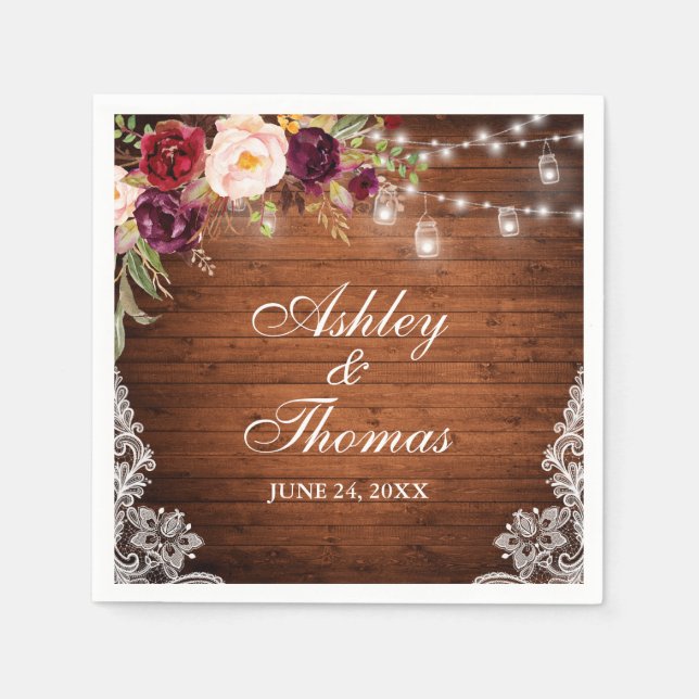 Serviette En Papier Lumières de Jarres en Bois de Mariage Rustique Flo (Devant)