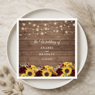 Serviette En Papier Lumières de mariage de tournesols en bois rustique