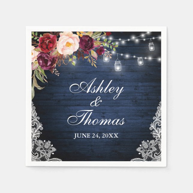 Serviette En Papier Lumières de mariage en bois bleu rustique avec den (Devant)