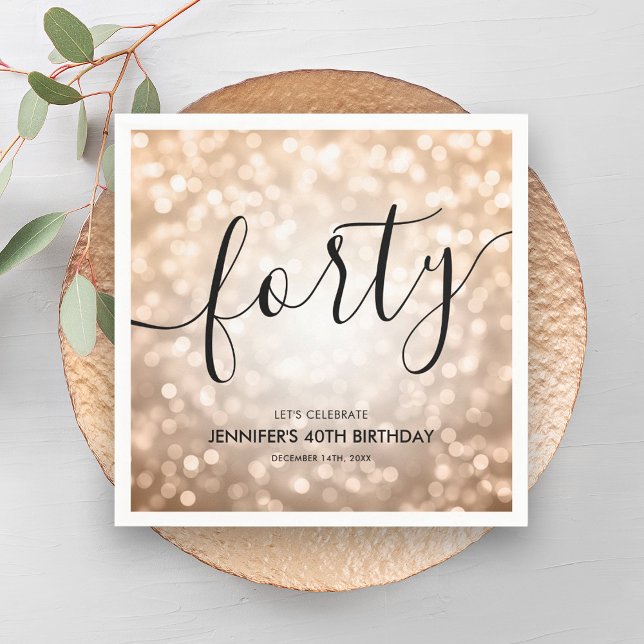 Serviette En Papier Lumières de Parties scintillant or Rose moderne 40 (Modern Rose Gold Glitter Lights 40th Birthday Napkins)