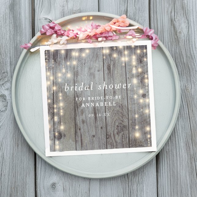 Serviette En Papier Lumières Rustiques Mariage Champêtre (Rustic String Lights Wood Texture Bridal Shower Napkins)